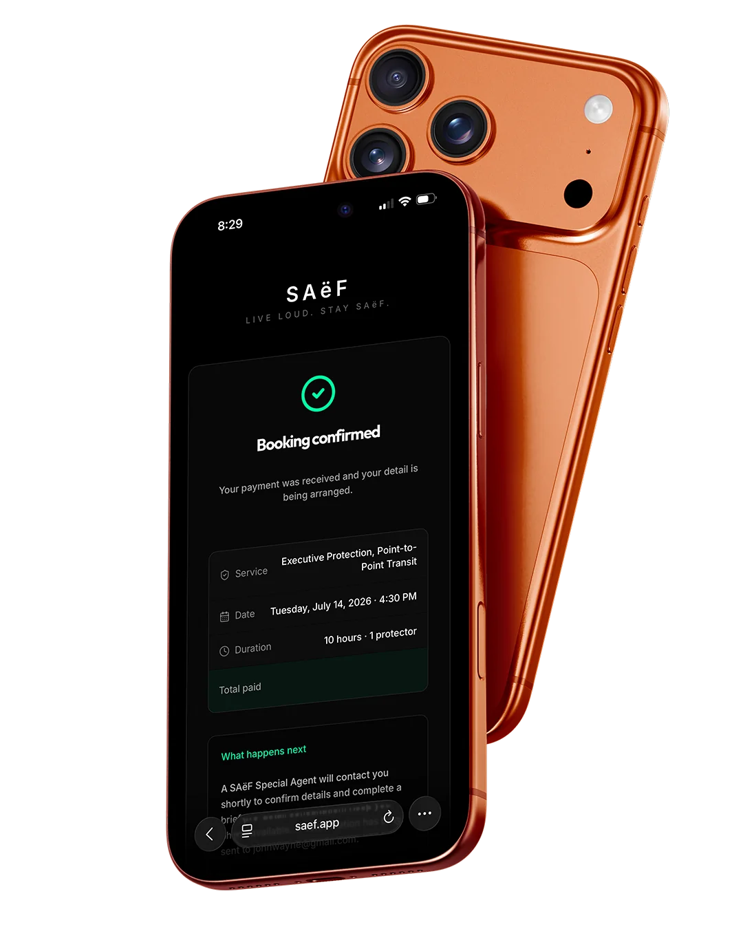 SAëF app — booking confirmed